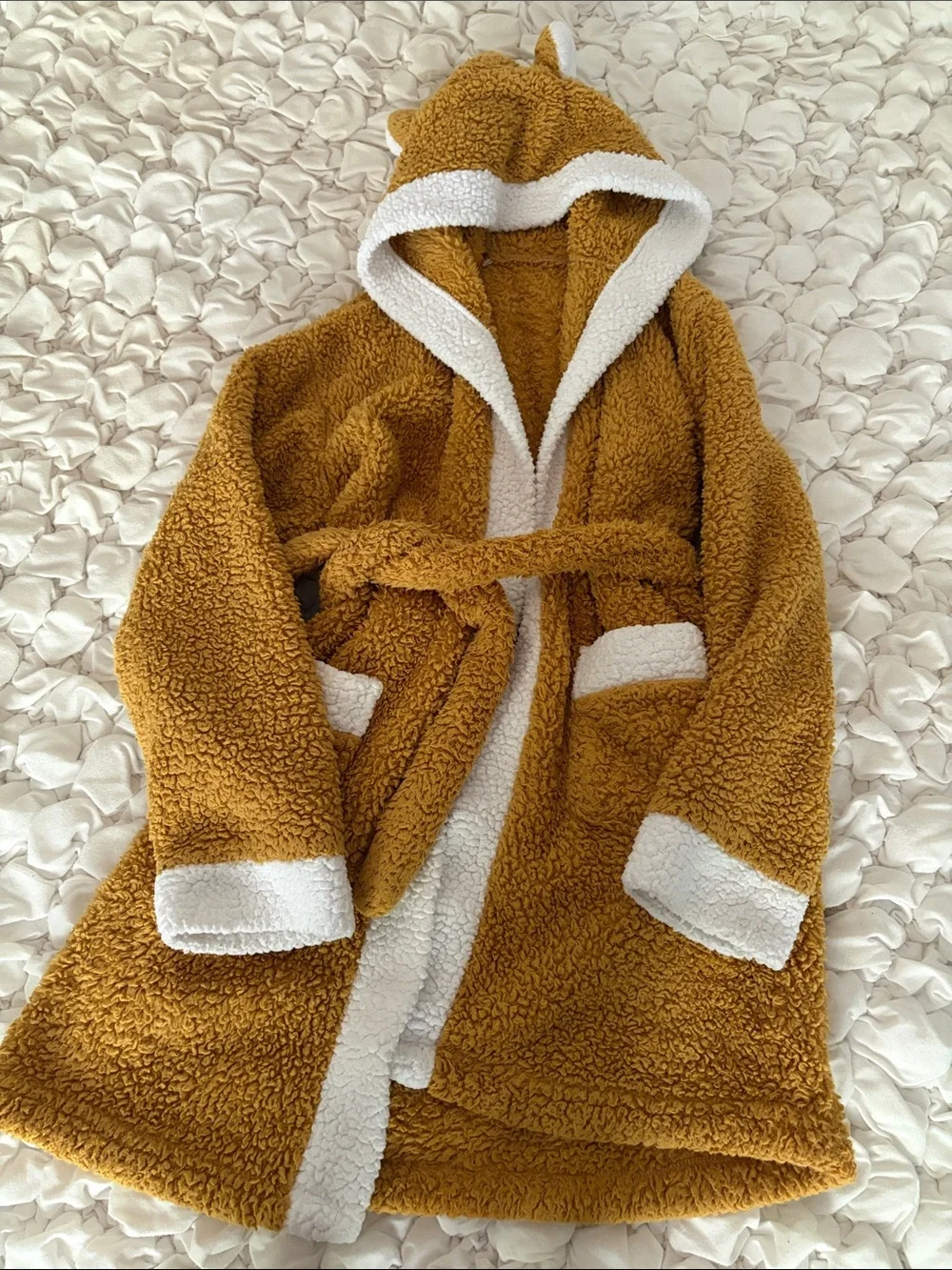 Cozy Kids Teddy Hooded Robe in Camel with Cream Trim